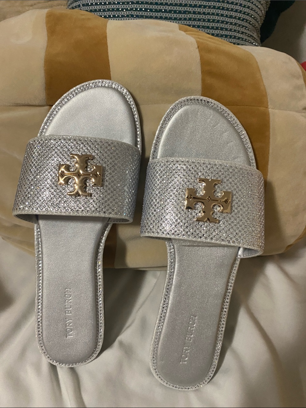 Tory Burch Silver Slide Sandals with Gold Logo